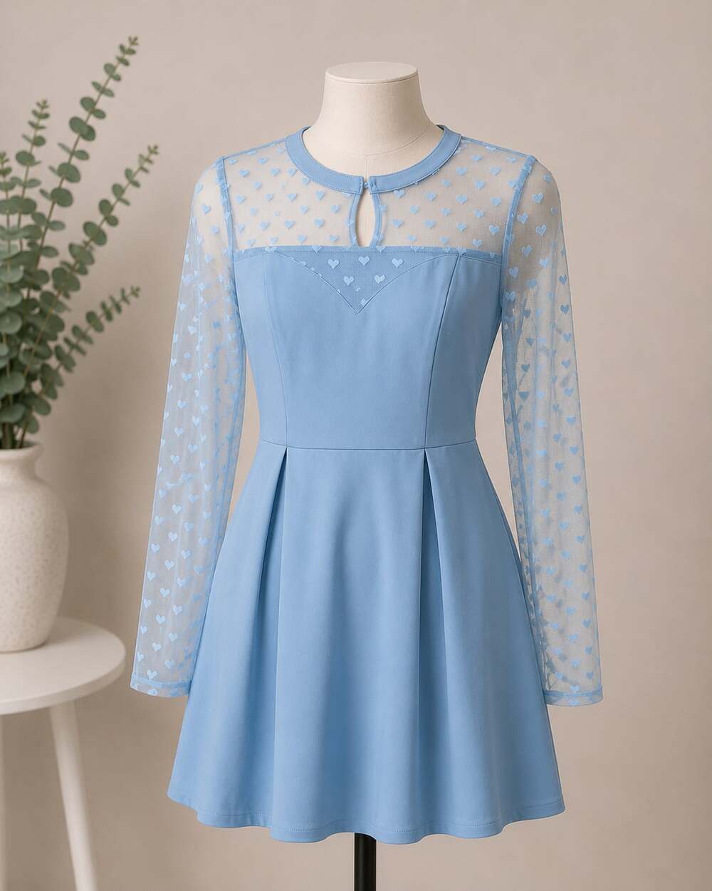 Allegra K Women's Heart Mesh Sheer Long Sleeve Skater Party Dress Light Blue